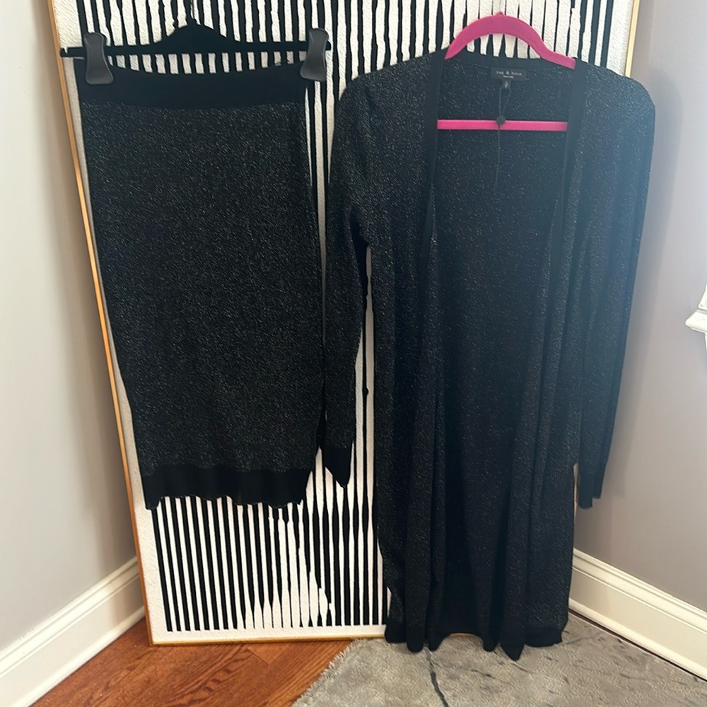 Rag and Bone black metallic cardigan and skirt set